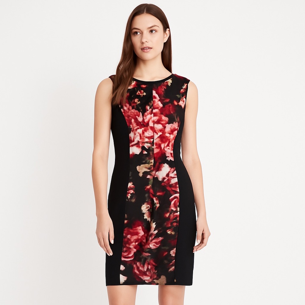 London Times Black Red Floral Sheath Career Cocktail Dress Size 12